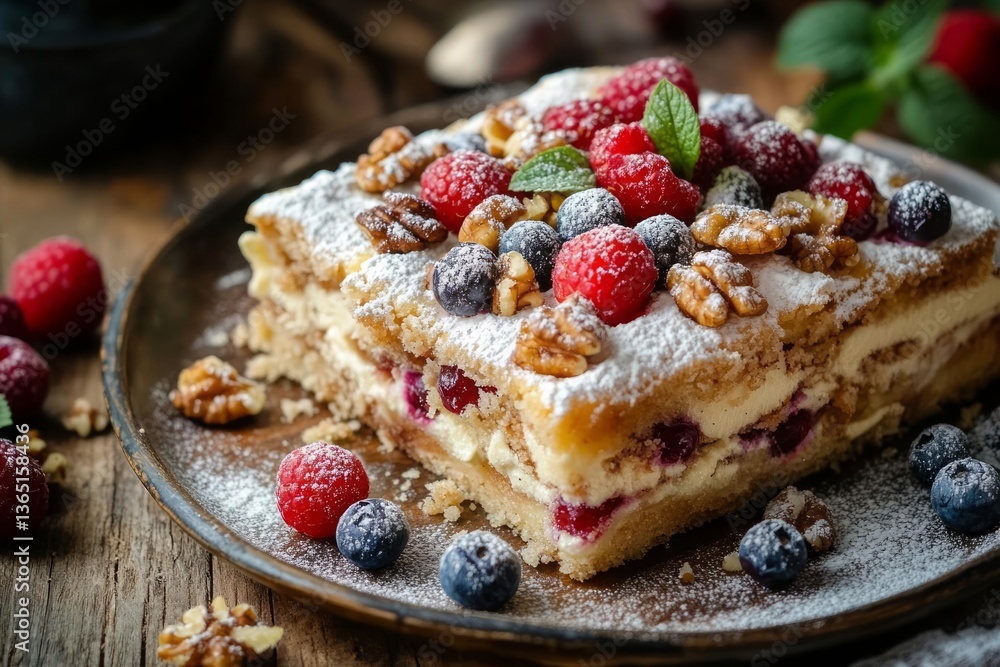 A rectangular layered cake with vanilla cream, berries, and walnuts, dusted with powdered sugar, is presented on a dark brown plate. Scattered berries and walnuts are on the plate and table A rectangular layered cake with vanilla cream, berries, and walnuts, dusted with powdered sugar, is presented on a dark brown plate. Scattered berries and walnuts are on the plate and table