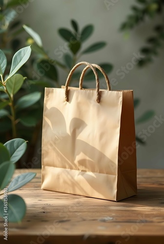 Brown paper bag with rope handles on a wooden table, surrounded by green leaves