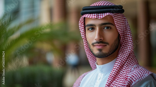Serious Young Arab Entrepreneur in Traditional Outfit at International Business Meeting 