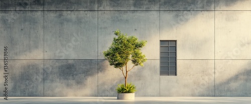 Small tree in pot against concrete wall. Sunlight illuminates scene