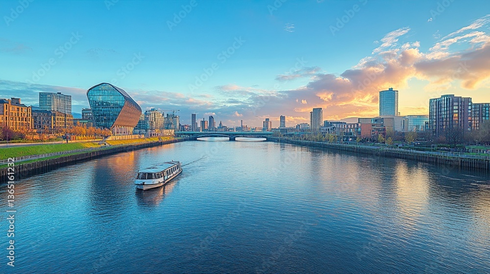 Fototapeta premium Skyline of Glasgow at Pacific Quay, Modern Architecture and River Views