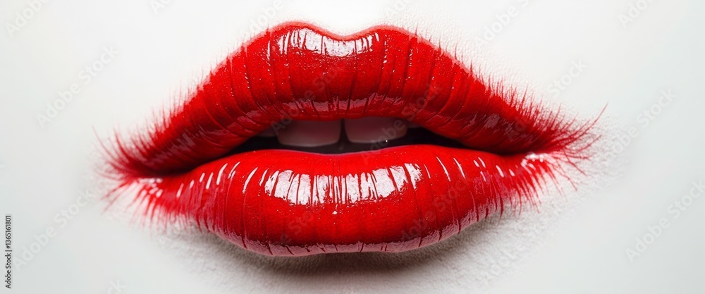 The image showcases a stunning close-up of perfectly shaped lips adorned with a vibrant, glossy red lipstick that exudes confidence and allure. The smooth texture and rich color create a striking The image showcases a stunning close-up of perfectly shaped lips adorned with a vibrant, glossy red lipstick that exudes confidence and allure. The smooth texture and rich color create a striking
