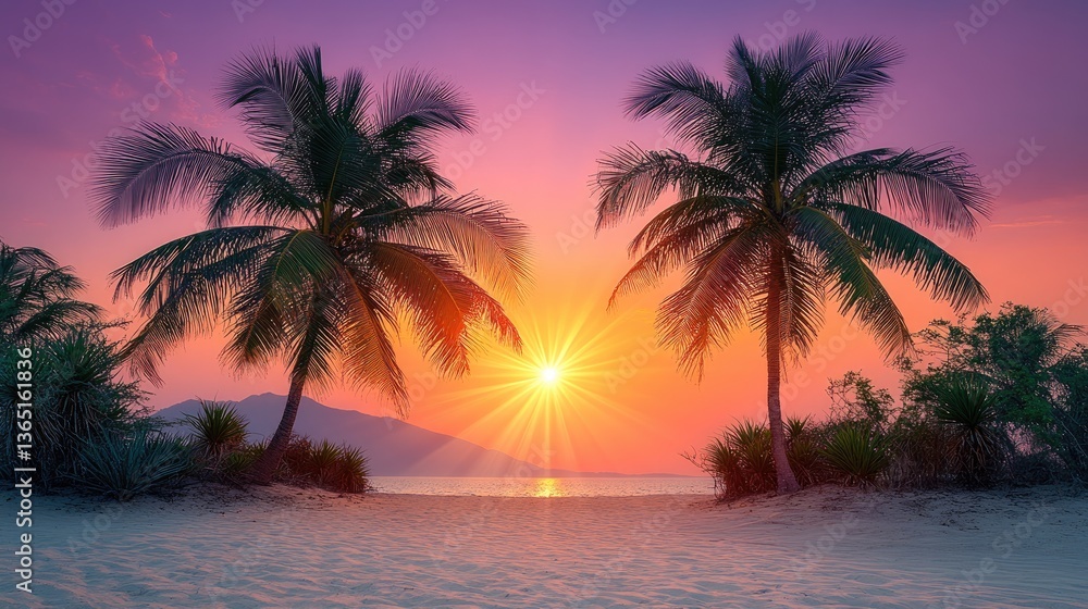 Obraz premium Serene beach sunset with palm trees framing a stunning view of the sun setting over the ocean and distant mountains