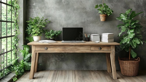 Rustic wooden desk with laptop, plants, and window