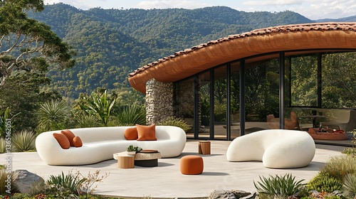 Modern outdoor seating area featuring stylish furniture and lush landscape