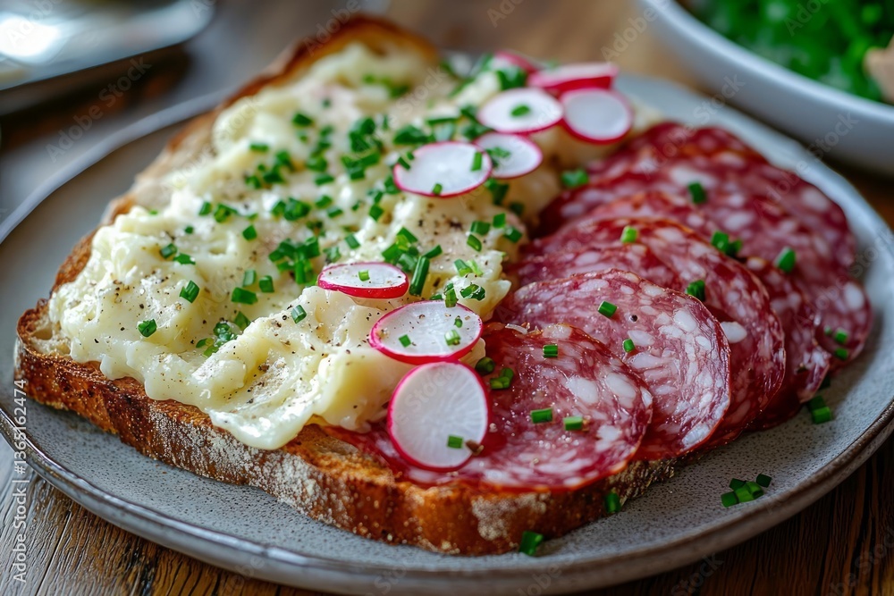 Open-faced sandwich on a grey plate, featuring mashed potatoes, chives, radish slices, and several slices of salami. The bread is toasted and has a rustic appearance Open-faced sandwich on a grey plate, featuring mashed potatoes, chives, radish slices, and several slices of salami. The bread is toasted and has a rustic appearance