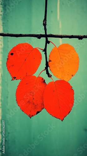 Vibrant autumn leaves cluster on a branch against a teal backdrop