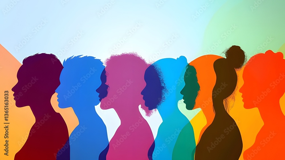 Side-view silhouettes of a diverse, multiethnic group symbolizing teamwork, collaboration, and unity in an organizational setting. Side-view silhouettes of a diverse, multiethnic group symbolizing teamwork, collaboration, and unity in an organizational setting.