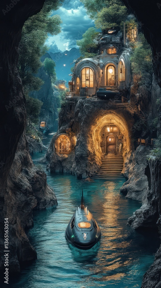 Fototapeta premium Secluded cave house by a glowing river