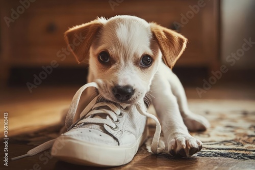 A small, tan and white puppy playfully chews on a light-grey canvas shoe. The puppy is in focus, situated on a patterned rug with a blurred wooden background