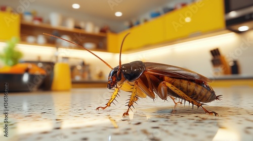 Close-up view of a cockroach crawling on a kitchen countertop in a modern home environment with yellow accents and soft lighting