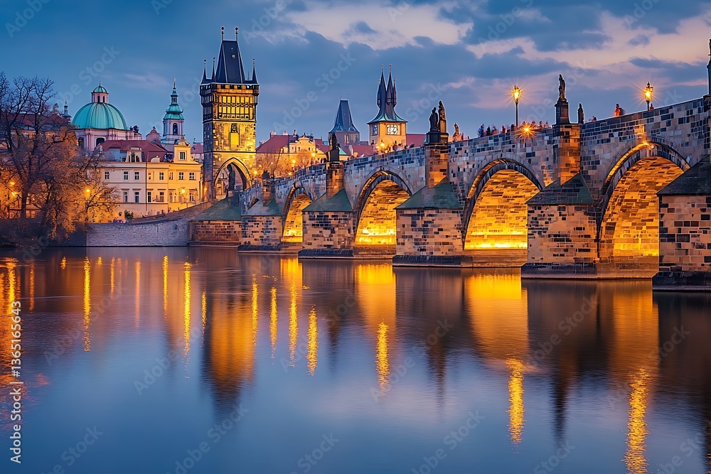 Naklejka premium Fairy-Tale City with Golden Lights Reflecting in Water