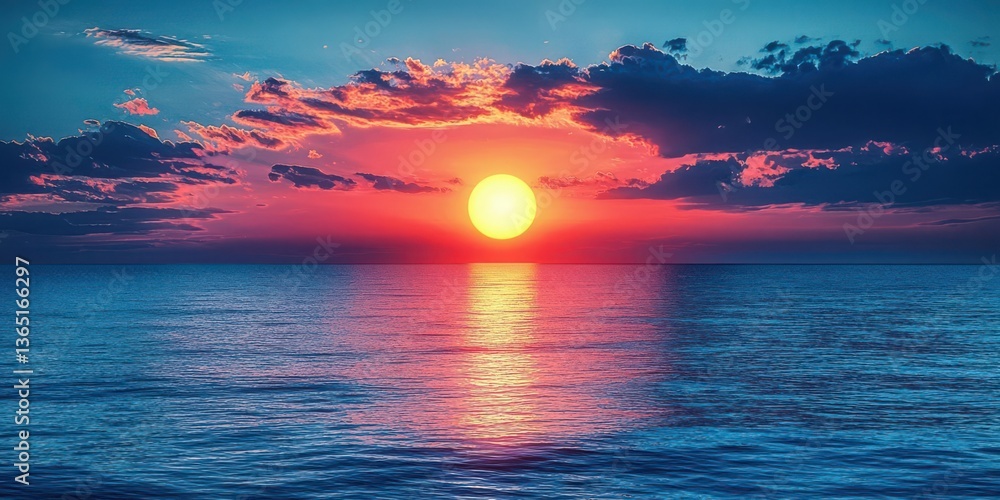 Fototapeta premium A breathtaking sunset over serene waters, showcasing vibrant colors and peaceful ambiance, perfect for relaxation. Copy space, commercial use