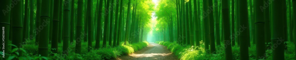 Fototapeta premium Dense bamboo grove, path disappearing into green depths , shadows, texture