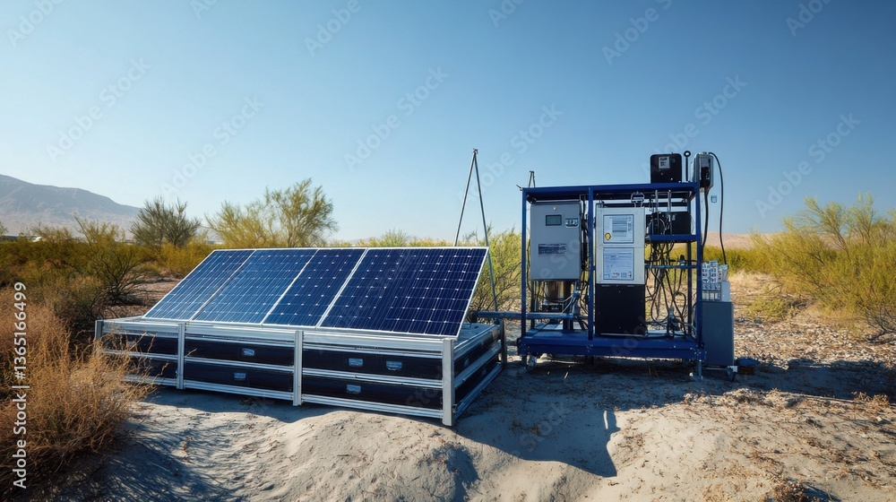 Obraz premium A renewable energy designer creating solar powered desalination systems for clean water access, eco-lab with solar panels, desalination units