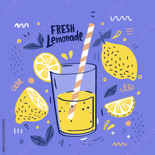 Fresh lemonade and it's ingredients. Lemon, lemon slice, mint and hand written text. Summer Doodle style

