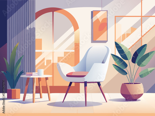 A white chair is placed in a room with a white wall, creating a minimalist and modern aesthetic. The clean lines and neutral color palette enhance the sense of space and simplicity in the room.