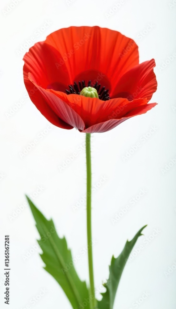 Obraz premium Single red poppy, vibrant petals, white background, summer, flower, opium poppy