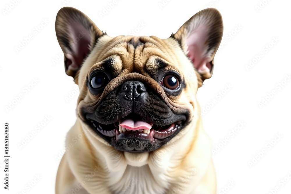 Fototapeta premium Playful pug, ears up, isolated on pure white backdrop, white, playful