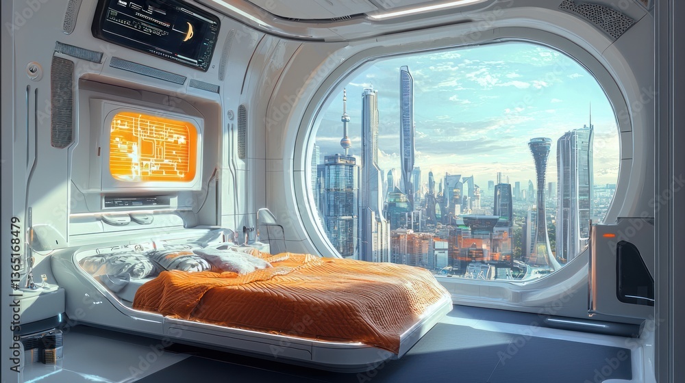 Fototapeta premium Futuristic Cityscape Bedroom: A Stunning View from a Space-Age Room