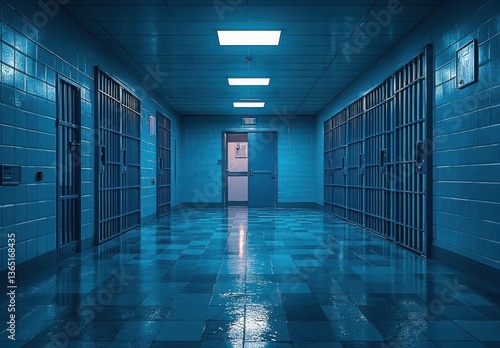 A stark, blue-lit corridor in a prison, showcasing steel bars and tiled floors for a haunting atmosphere. Copy space, commercial use