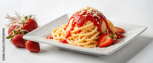 Spaghetti ice cream with strawberry topping