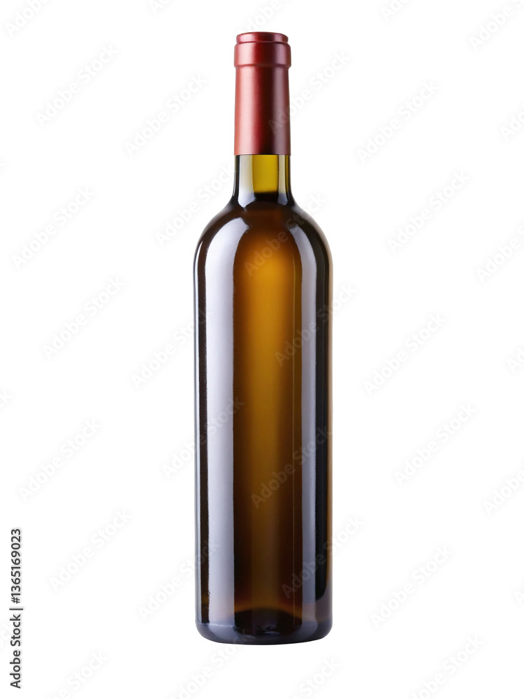 A single bottle of wine stands against a transparent background showcasing its amber color and red cap A single bottle of wine stands against a transparent background showcasing its amber color and red cap