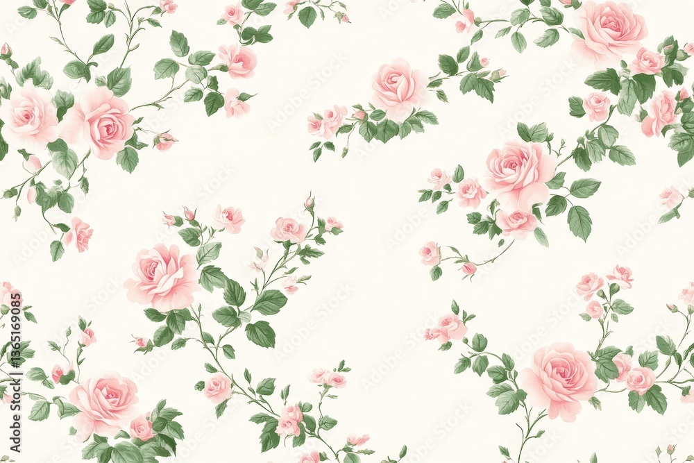 A soft floral pattern featuring delicate pink roses intertwined with green leaves on a light background. A soft floral pattern featuring delicate pink roses intertwined with green leaves on a light background.