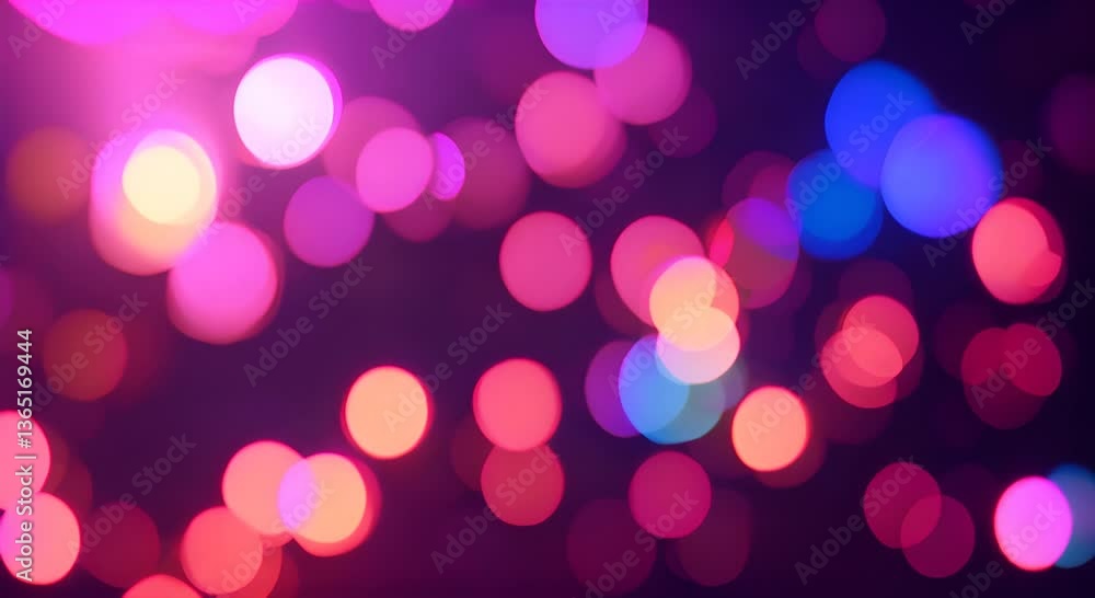 A video showing vibrant blurred lights shining in darkness creating an abstract and colorful spectacle bokeh neon background 4K