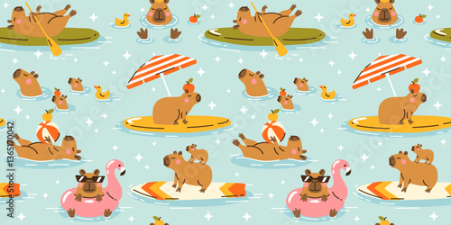 Seamless pattern with Cute capybaras swimming in water. Hand drawn vector illustration. Naive childish background. Cool comic summer characters, kids poster, card, social media banner.