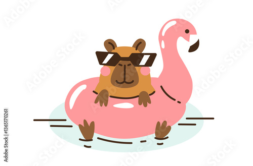 Cute capybara wearing sunglasses in flamingo float. Hand drawn vector illustration. Funny animal isolated on white. Naive childish design. Cool comic character, kids poster, card, social media banner.
