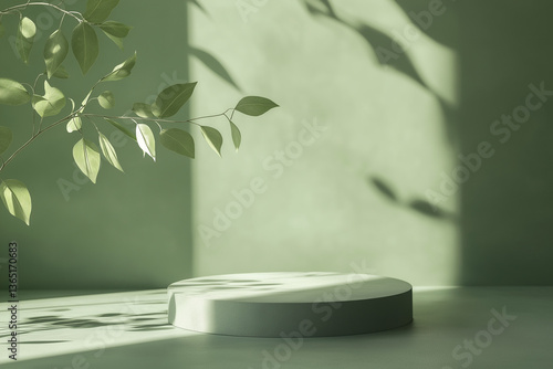 Shadowed leaves and a soft blur gradient on a green studio background with a podium for product display. A pastel green setting with an abstract floor texture, ideal for a summer or spring banner.