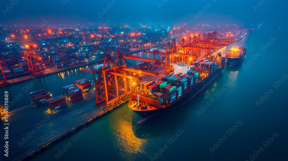 A bustling port scene featuring a giant container ship alongside cranes efficiently transferring A bustling port scene featuring a giant container ship alongside cranes efficiently transferring