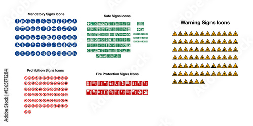 International set signs symbols ISO 7010. Used in industrial applications public buildings. Prohibited, Mandatory, Warning, Fire, Safe, First Aid. Print stickers posters, books and more