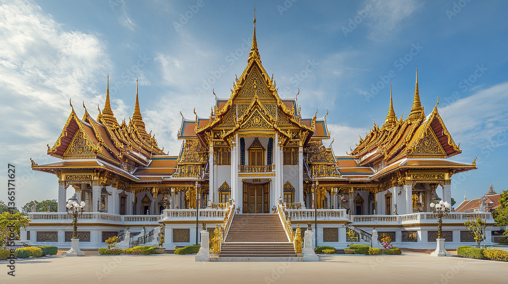 Naklejka premium grand Thai temple with ornate tiered roofs and intricate details