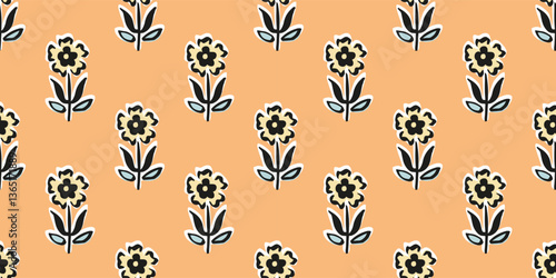 Hand drawn floral block print seamless pattern. Trendy retro blue daisy flower botanical vector background. Boho, beach, Indian traditional textile design.