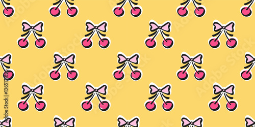 Seamless block print pattern with cherries and bows. Hand drawn vector illustration. Cartoon style trendy romantic background. Coquette core cute design.
