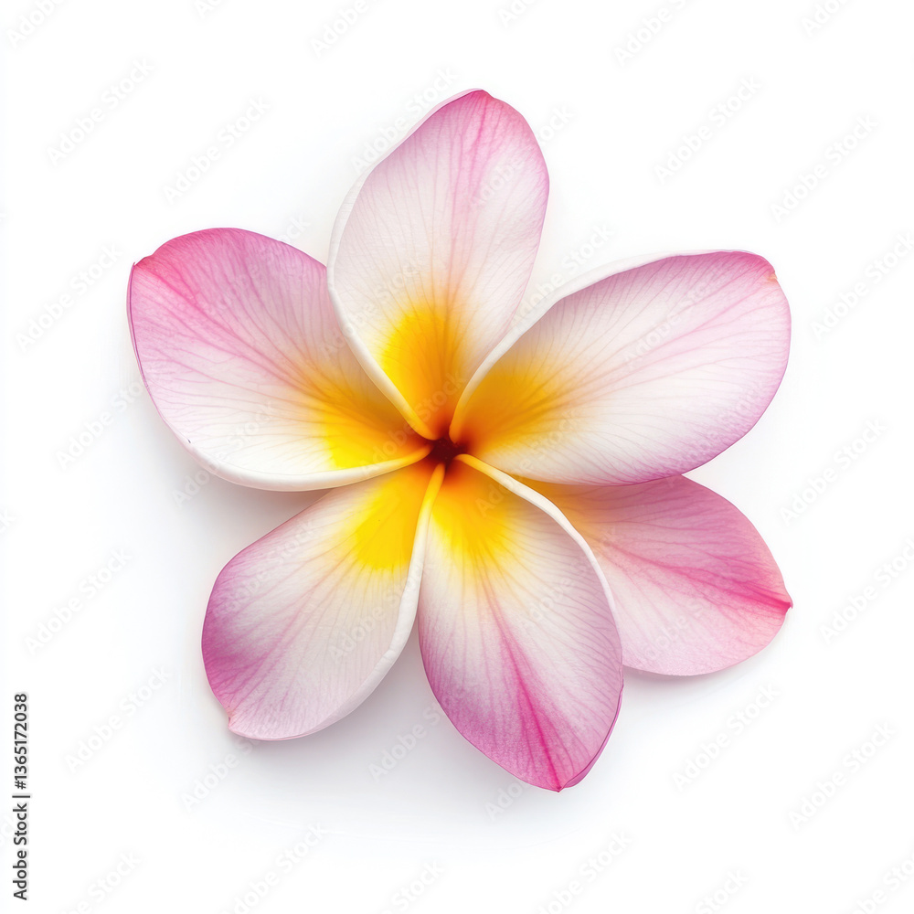 Close up of a single frangipani flower with pink and yellow petals Close up of a single frangipani flower with pink and yellow petals
