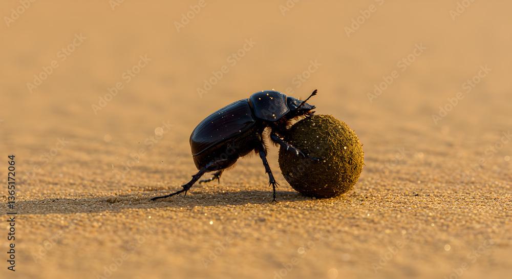 Determined dung beetle tirelessly rolling its prize across arid desert sands Determined dung beetle tirelessly rolling its prize across arid desert sands