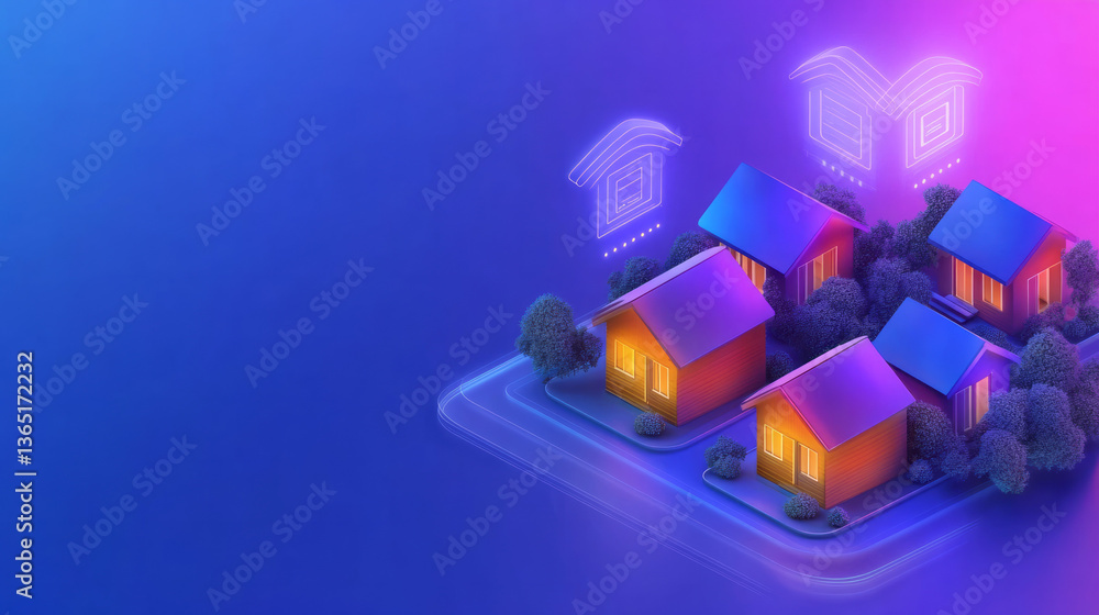 Obraz premium An isometric perspective on a smartphone app featuring vibrant houses and trees, with tall