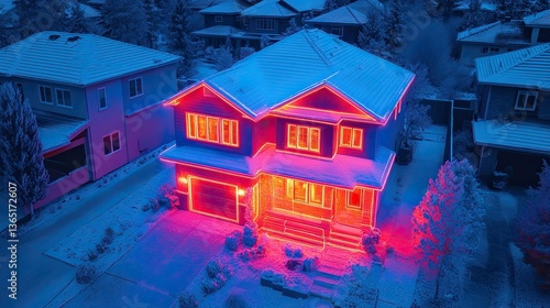 Thermal Imaging of House Exterior: Heat Signature Captured by Thermal Camera for Building Inspections 
