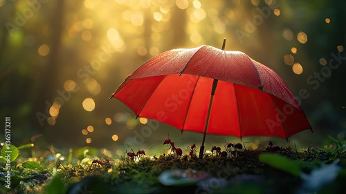 Wallpaper Mural Tiny Ants Huddling Under a Red Umbrella in a Forest, Bathed in Golden Sunlight, Peaceful Moment  Torontodigital.ca