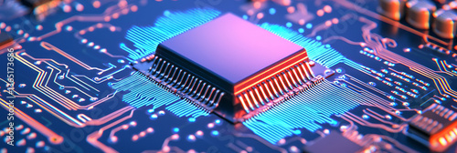 A hyper-realistic microcontroller chip featuring a central cube core and delicate blue circuitry,