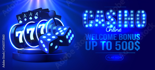 Neon slot machine wins the jackpot. Casino web banner.