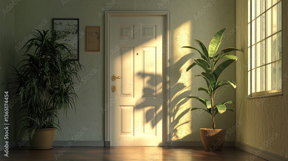 Sunlit Interior: Tranquil Home Entrance with Lush Greenery Sunlit Interior: Tranquil Home Entrance with Lush Greenery