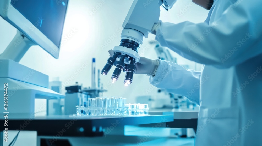 A scientist conducting delicate experiments using robotic arms inside a sterile biotechnology lab, advanced robotic precision in handling microscopic samples, High-tech style A scientist conducting delicate experiments using robotic arms inside a sterile biotechnology lab, advanced robotic precision in handling microscopic samples, High-tech style