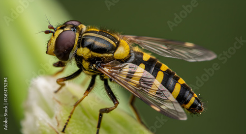 Detailed closeup showcasing hoverfly mimicking wasp coloration and intricate wing patterns