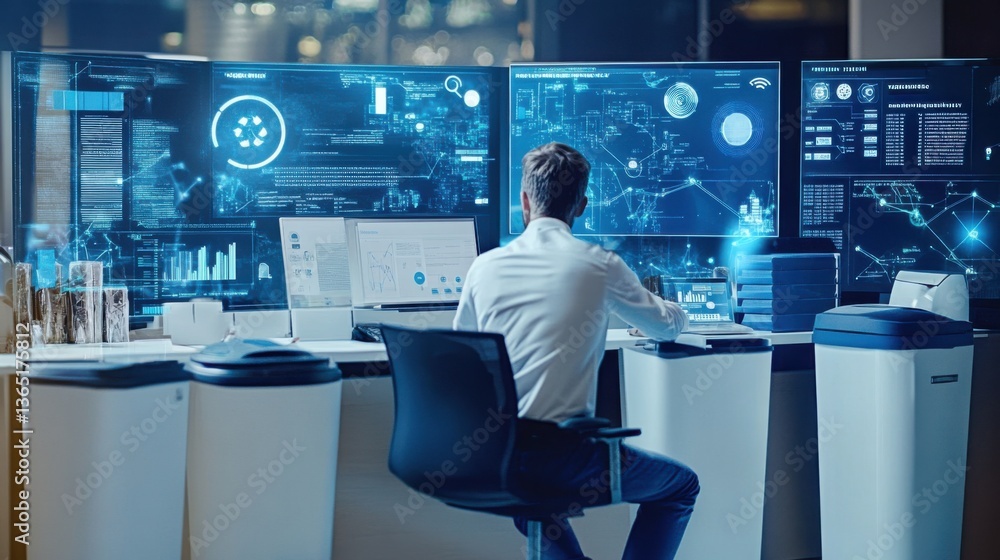 A smart city engineer developing AI powered waste management systems, office with smart bins, machine learning models A smart city engineer developing AI powered waste management systems, office with smart bins, machine learning models