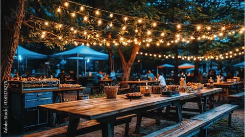 A nighttime outdoor event featuring picnic tables and festive lights