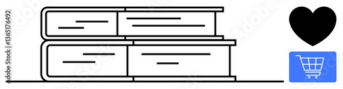 Stack of books paired with a heart and cart icon symbolizes passion for literature and online shopping. Ideal for education, e-commerce, library, book club, self-improvement, creativity, flat simple